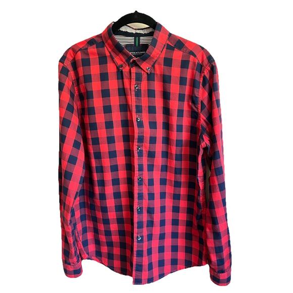 Denim & Flower Ricky Singh Men’s Medium Red Navy Plaid Button Down Shirt Casual - Picture 1 of 7